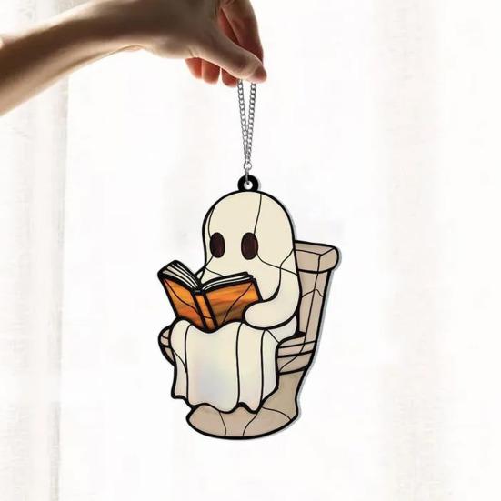 Halloween Cute Ghost Suncatcher Stained Glass Style Acrylic Window Hanging Ghost Light Catcher for Window Wall Decor