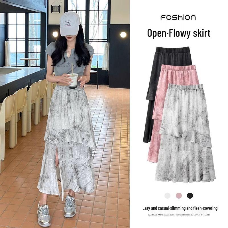 

Women s Summer 2025 Korean A-line Irregular Pink Ruffle Skirt 3XL серый/белый