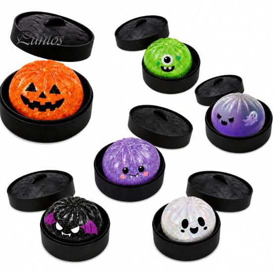 Gedämpftes Brötchen Sensorisches Spielzeug Halloween Knödel Quetsche mit Dampfgarer Box, Kürbis Geist Fledermaus zur Stressbewältigung, Party Mitgebsel Ball