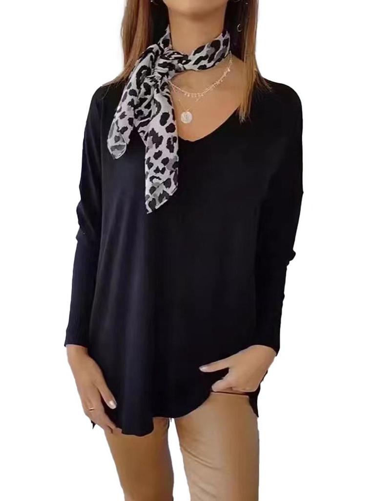 Women's Long Sleeve V-Neck Knitwear: European & American Style Loose Fit Solid Pullover Top