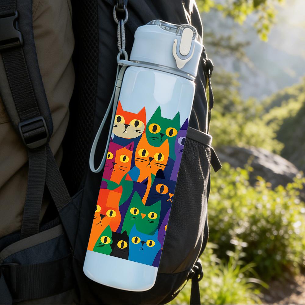1PC Multi Color Cat Group Collage 750ml Color Plastic Sports Water Bottle Leakproof Flip Straw Lid For Sports Office Home Use