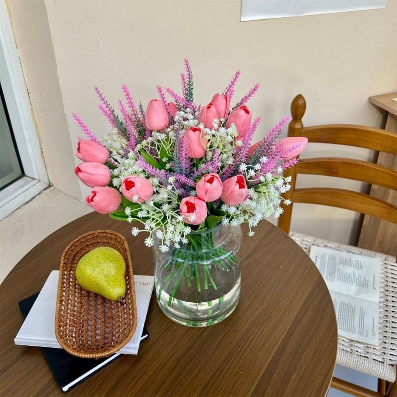 Spring Wedding Floral Arrangements 13Inch Faux Tulips Lavender Bouquet Silk Flower For Home Decoration