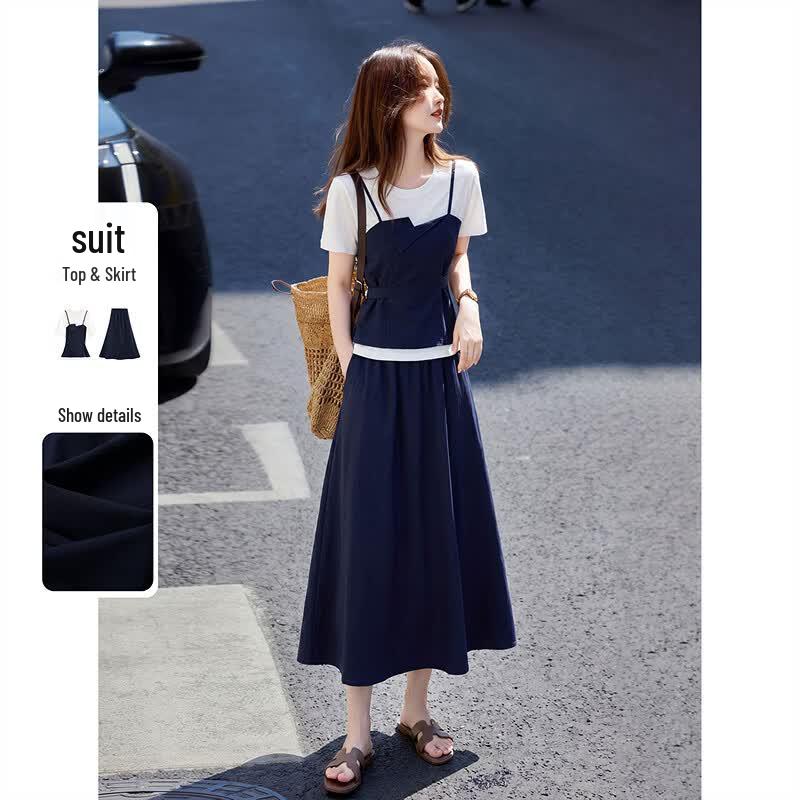 Spliced Fake Two-Piece T-shirt & A-line Skirt Set