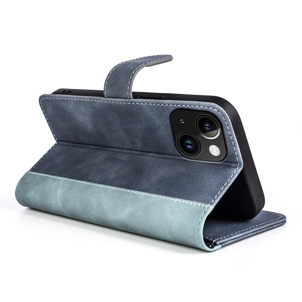 For iPhone 15 Dual-color Splicing Magnetic Clasp PU Leather Wallet Phone Cover Drop-proof Case