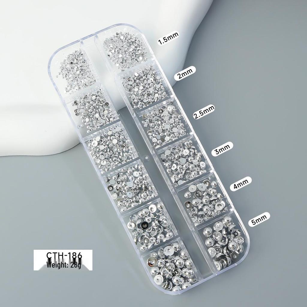 Gold & Silver Half Pearl Nail Art Decorations Set - 12 Mixed Size Grids