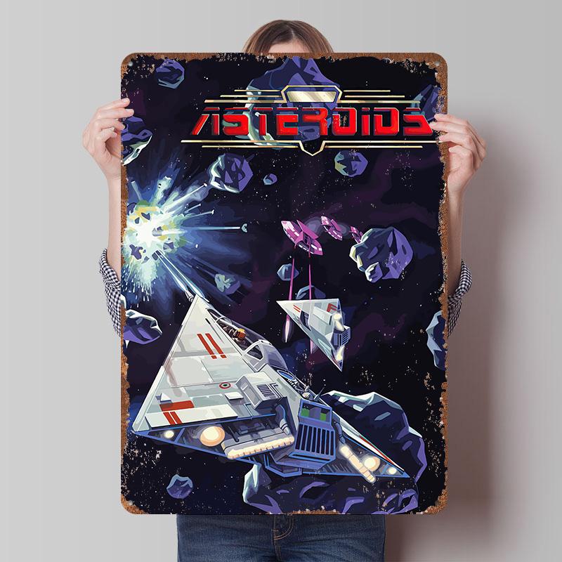 Asteroids Game Art Poster Customized Wall Art Vintage Metal Signs Retro Tin Plaque for Man Cave Office Decor Decoration Home