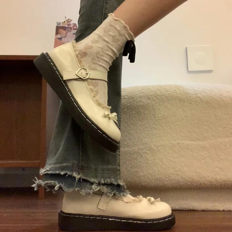 Butterfly-knot Lolita Women Leather Shoes Shallow Round Toe Ladies Concise Outdoor College Style Mary Jane Shoes