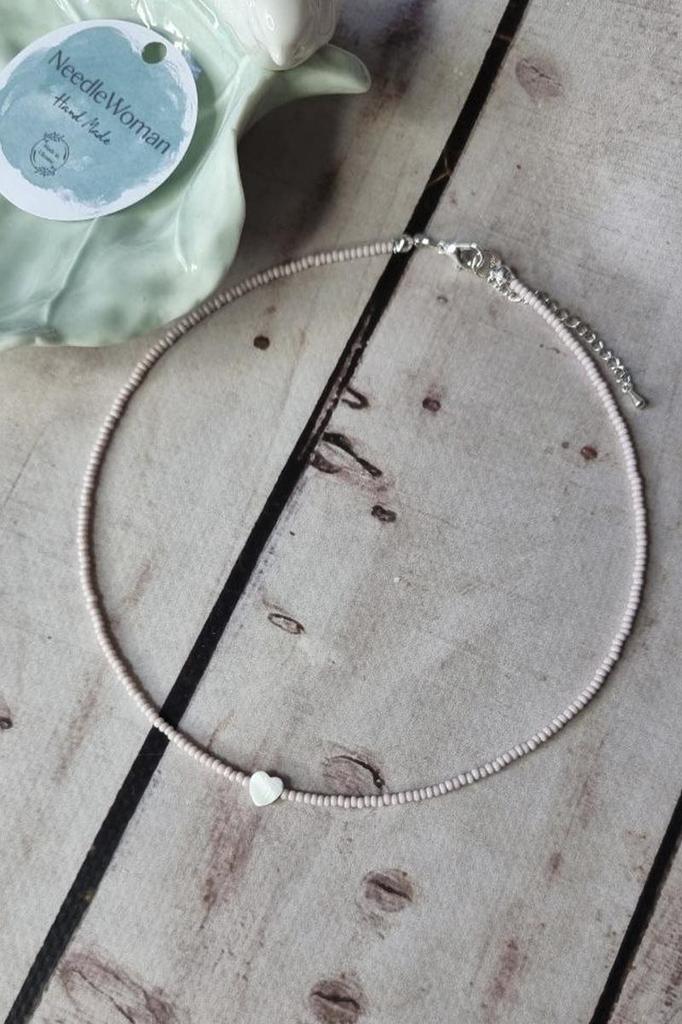 Handmade Choker with Light Pink Seed Beads and Natural Heart Shell Pendant