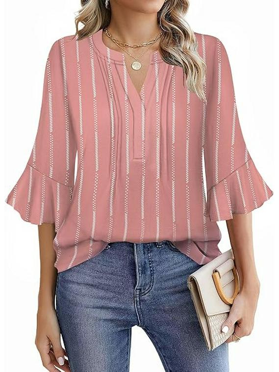 2025 Bluzka Szyfonowa z Dekoltem V w Kształcie Liścia Lotosu - Jednolity Kolor, Rękaw Siedmiopunktowy, Swobodny Luźny Krój