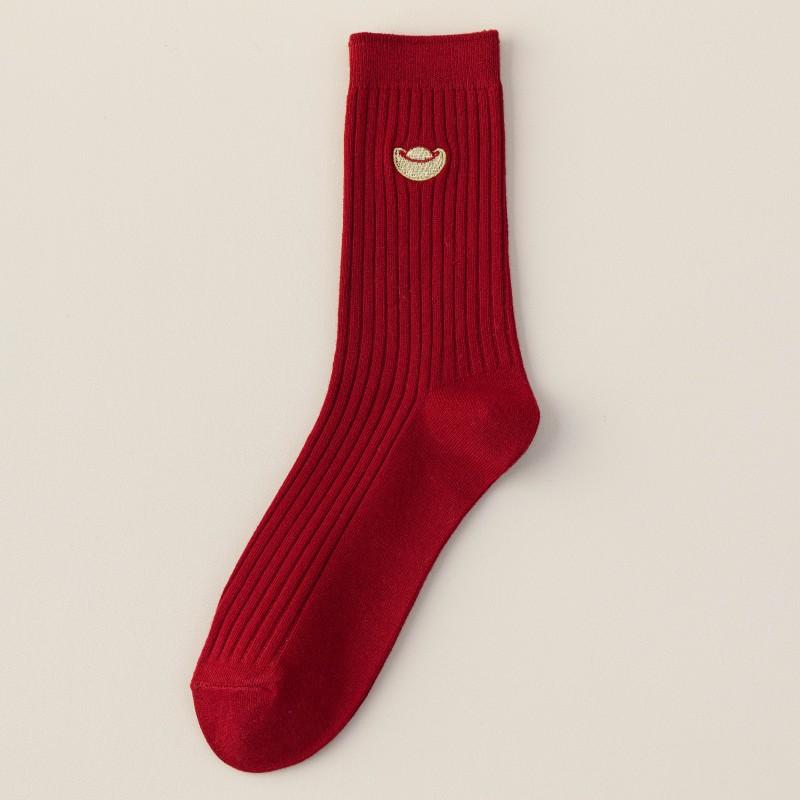 Big Red Socks New Year'S Red Socks Medium Tube Sweat-Absorbing Cotton Socks Embroidered Versatile Year Of The Horse Double Needle Stacking Socks