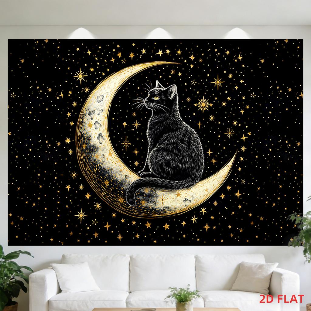Mysterious Star Moon Black Cat Tapestry Black Gold Color Starry Sky Cat Printing Hanging Cloth Room Decoration