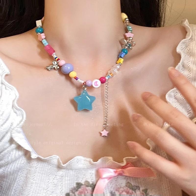 Dopamine Color Butterfly Beaded Necklace Female Personality Sweet Versatile Girl Collarbone Chain Fashion Necklace