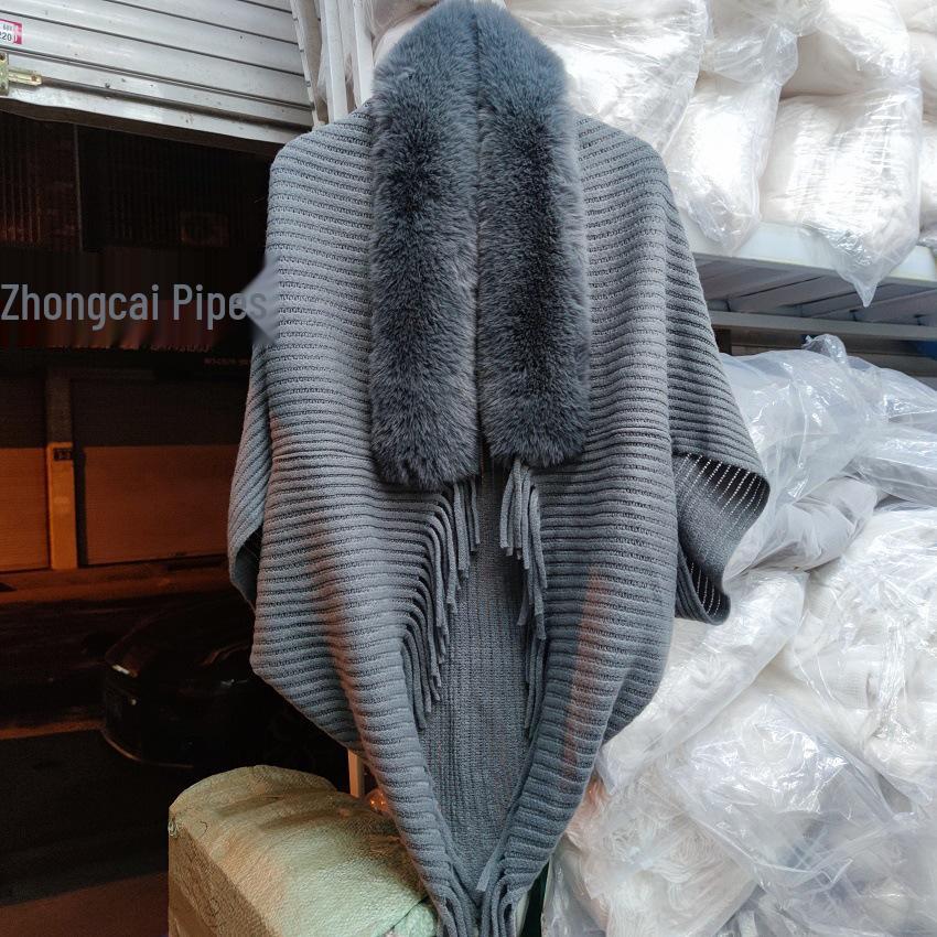 

Женская модная накидка-шаль в корейском стиле с меховым воротником - Свободный вязаный кардиган для осени/зимы