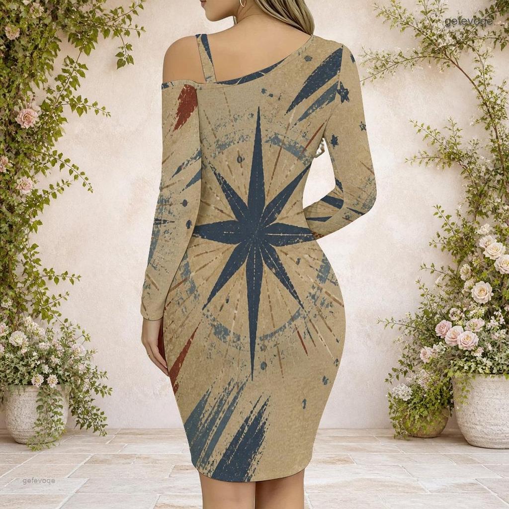 Women Plus Size One Shoulder Cold Shoulder Long Sleeve Printed Chain Strap Cross Hem Bodycon Dress