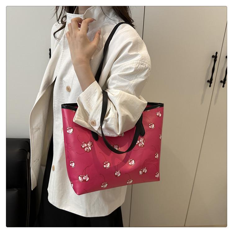 Cherry Print Large Capacity Tote Bag Fashionable Soft Faux Leather Shoulder Handbag for Women