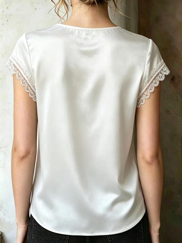 2026 European & American Women’s Short Sleeve Satin Lace V-Neck Shirt