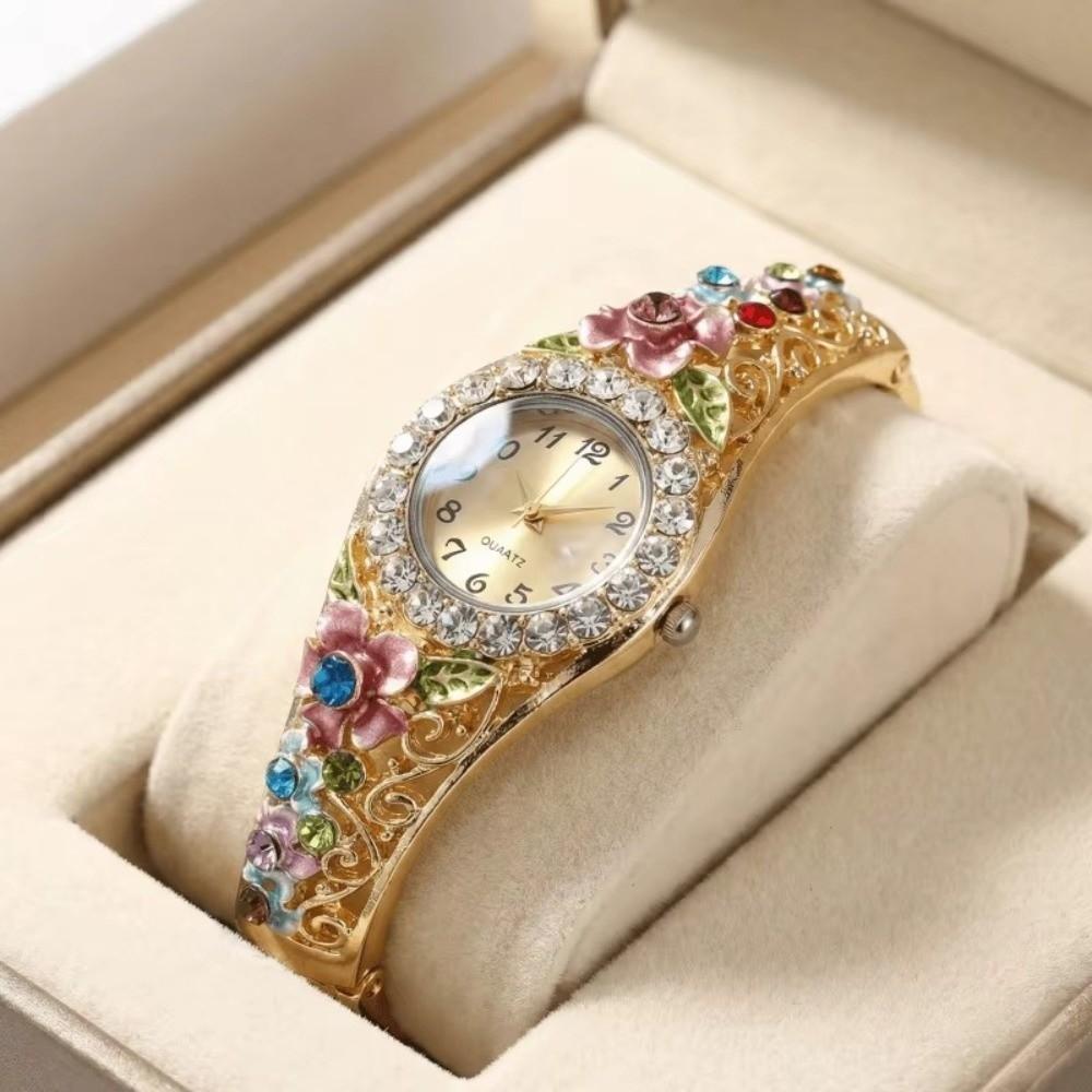 Fashion Retro Design Watches Elegant Flower Diamond Decoration Ladies Clock Casual Quartz Wristwatches Women