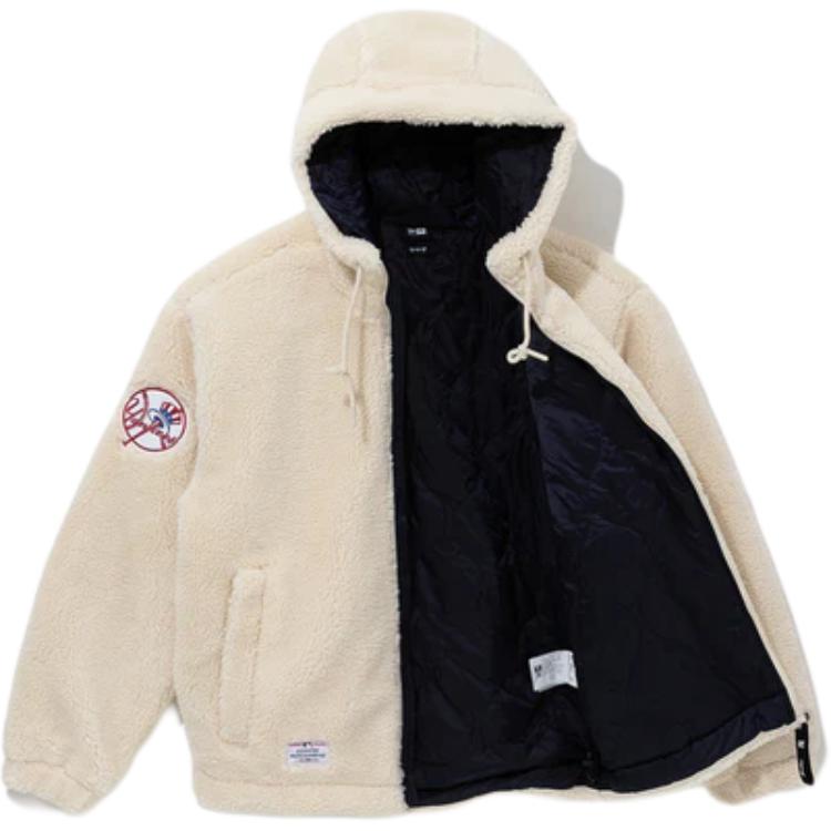 New Era Loose Fit Zip-Up Hooded Faux Shearling Jacket Unisex Jackets Ivory 13781146