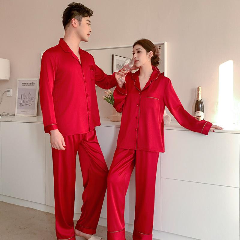 1011 new spring couple pajamas lapel high-end long-sleeved trousers loungewear simple casual style can be worn outside