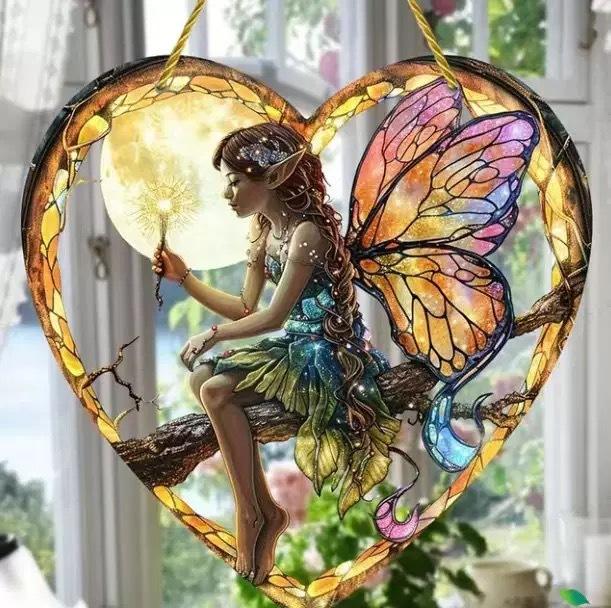 1pcs heart-shaped elf light catching flower fairy hanging home decoration, farmhouse window decoration pendant.