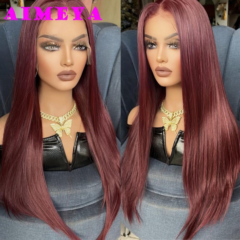 Burgundy Lace Front Wig 13x4 Frontal Long Silky Straight Wigs Glueless Synthetic Hair Mix Wine Red Natural Looking Daily Wear