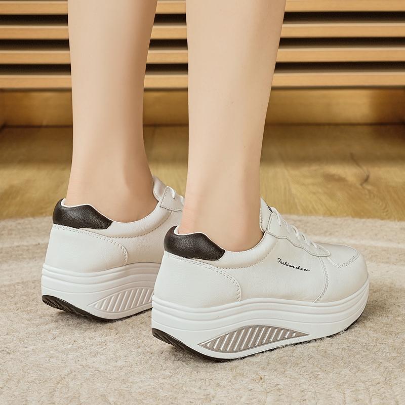Women Platform Casual White Leather Elevator Shoes Thick Sole Height Increase Sneakers