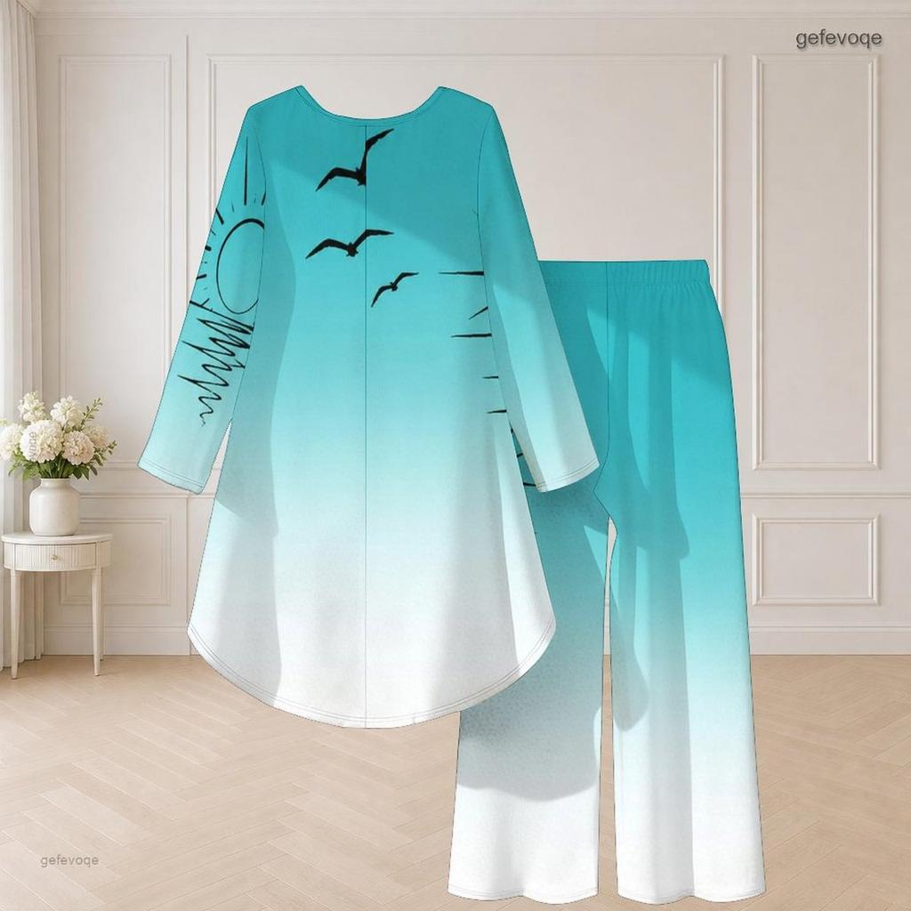 Damen Große Größen Grünes Rundhals Langarm Kleeblatt-Print High-Low-Oberteil Weite Hosen Zweiteiliges Set