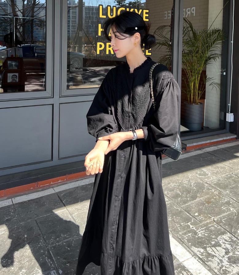 Johnature Fall Korean Pleated Lace Stitching Vintage Simple Lace Stitching Women Dress