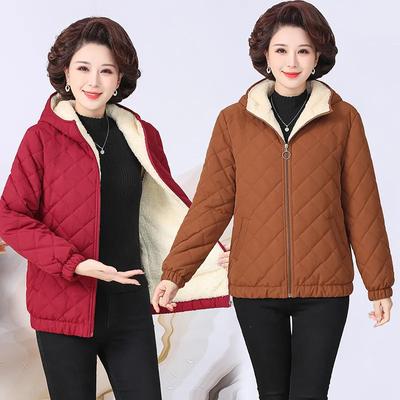 Winter Padded Jacket Middle-aged Hooded Down Padded Jacket Solid Color Plus Velvet Small Padded Jacket Middle-aged and Elderly Women's Jacket