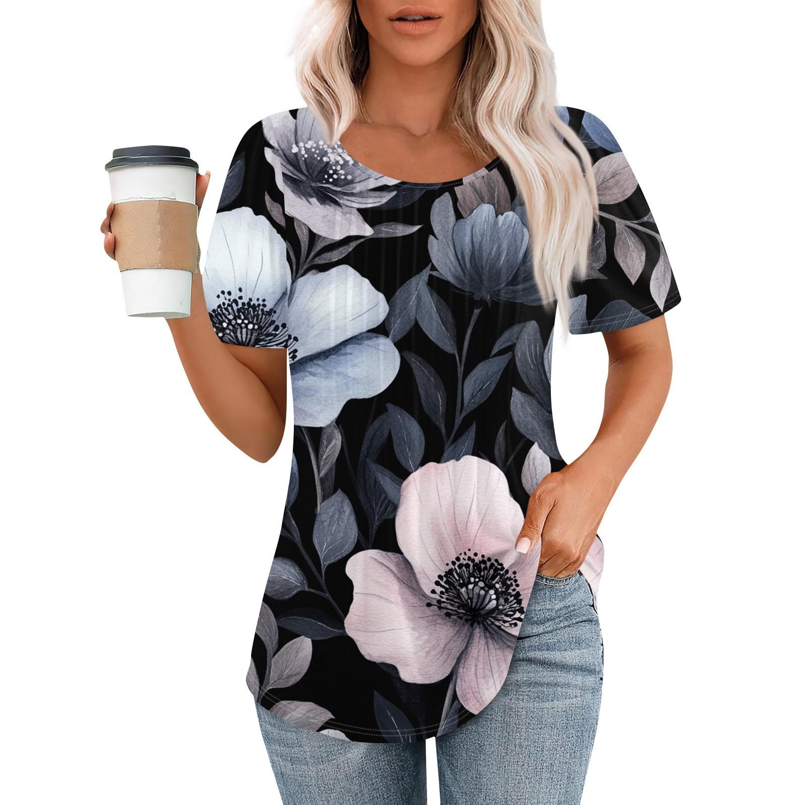 Women s Fashionable Casual Pleated Round Neck Striped Flower Printed Short Sleeved T Shirt Top M