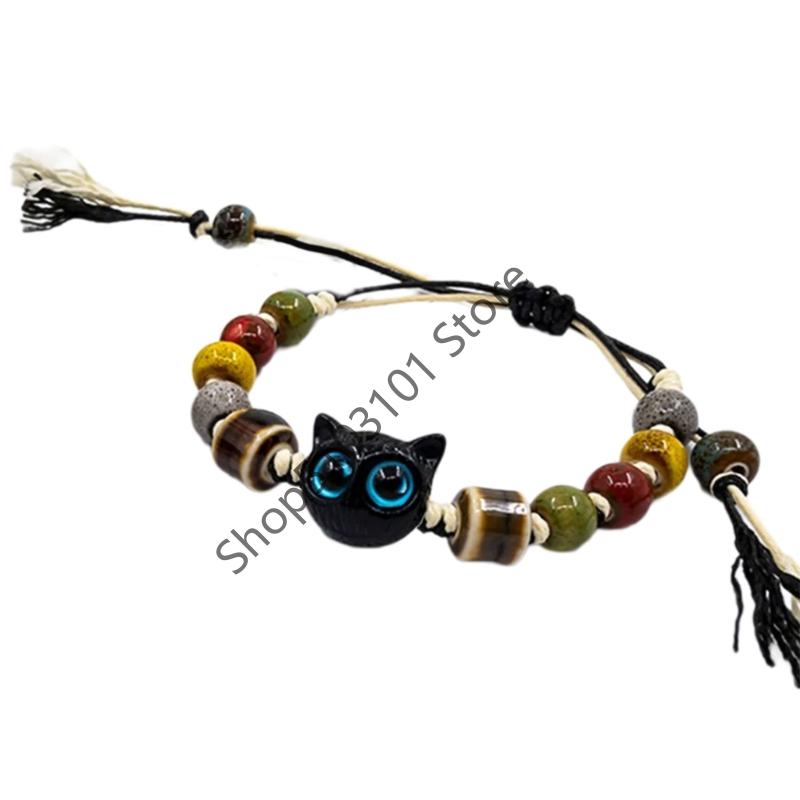 Big Eye Cat Bracelets for Women Men Sweet Cool Heart Ceramic Beaded Bracelet Adjustable Braided Rope Aesthetic Party Jewelry