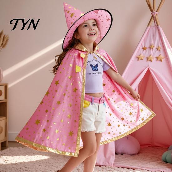 Dreamy Gold Edge Witch Costume Kids Wizard Cloak with Hat for Boys Girls, Halloween Kindergarten Activities Cape Prop Party Cosplay