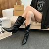 Botas de Salto Grosso para Mulheres 2025 Outono Nova Moda Botas Western Cavaleiro Bico Fino Botas Médias