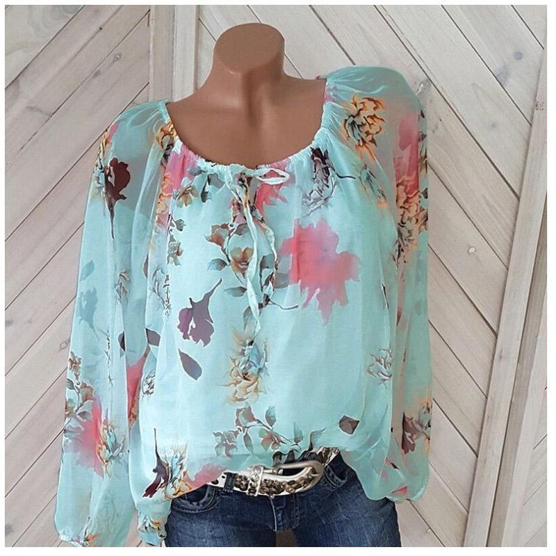 Fashion Women's All-Match Sexy One-Neck Printed Loose Chiffon Shirt Long Sleeve Top