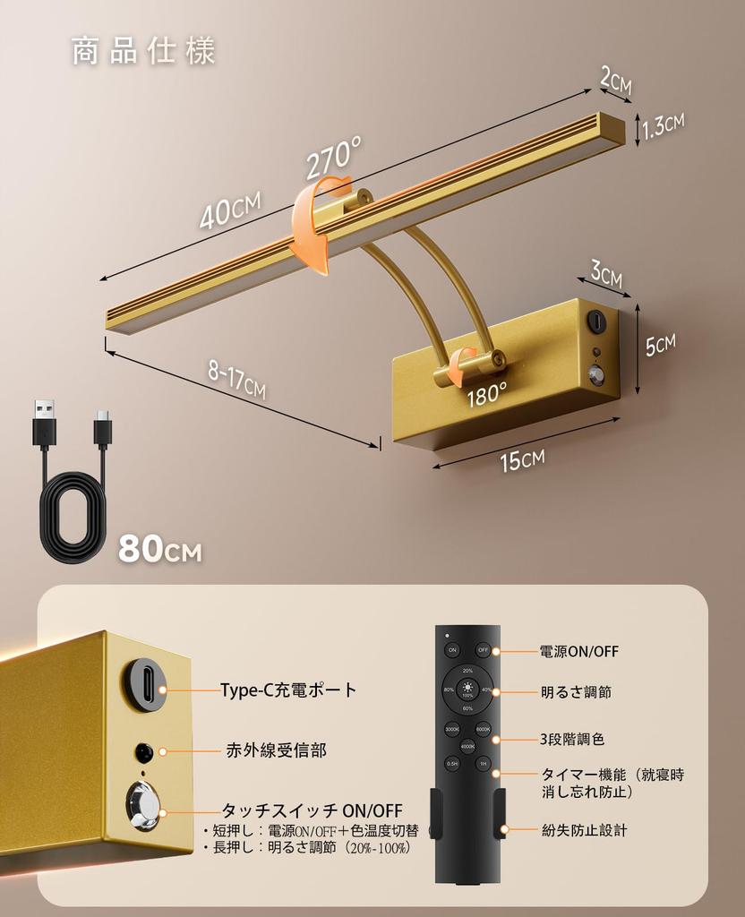 YITGOG Wall-Mounted Rechargeable Picture Light, Wireless Wall Light with Remote Control, USB Rechargeable Magnetic Picture Light (Dimmable, 3 Colors