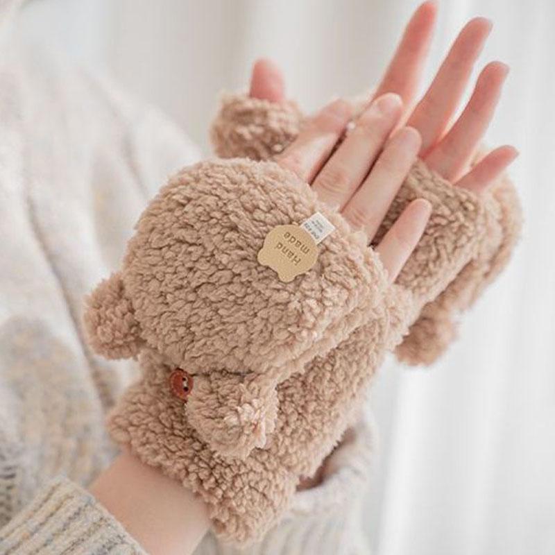 Women's Winter Warm Touch Screen Gloves Cute Cat Claw Sensory Fingerless Gloves Knitted Fluff Outdoor Flip Cover Gloves 1 Pair