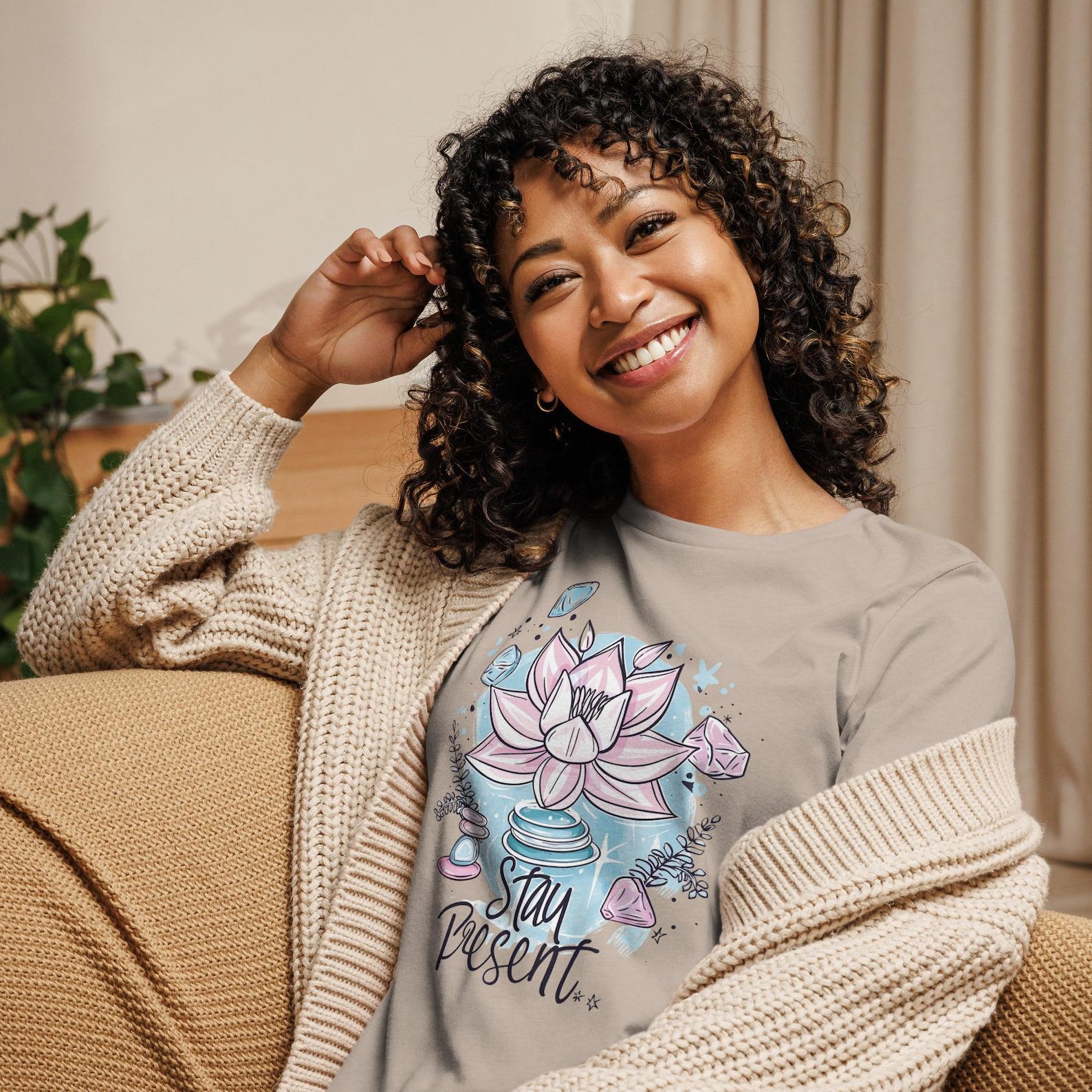 Stay Present Lotus Flower T-Shirt - Mindfulness Graphic Tee - Inspirational Quote Shirt Women s Relaxed T-Shirt M