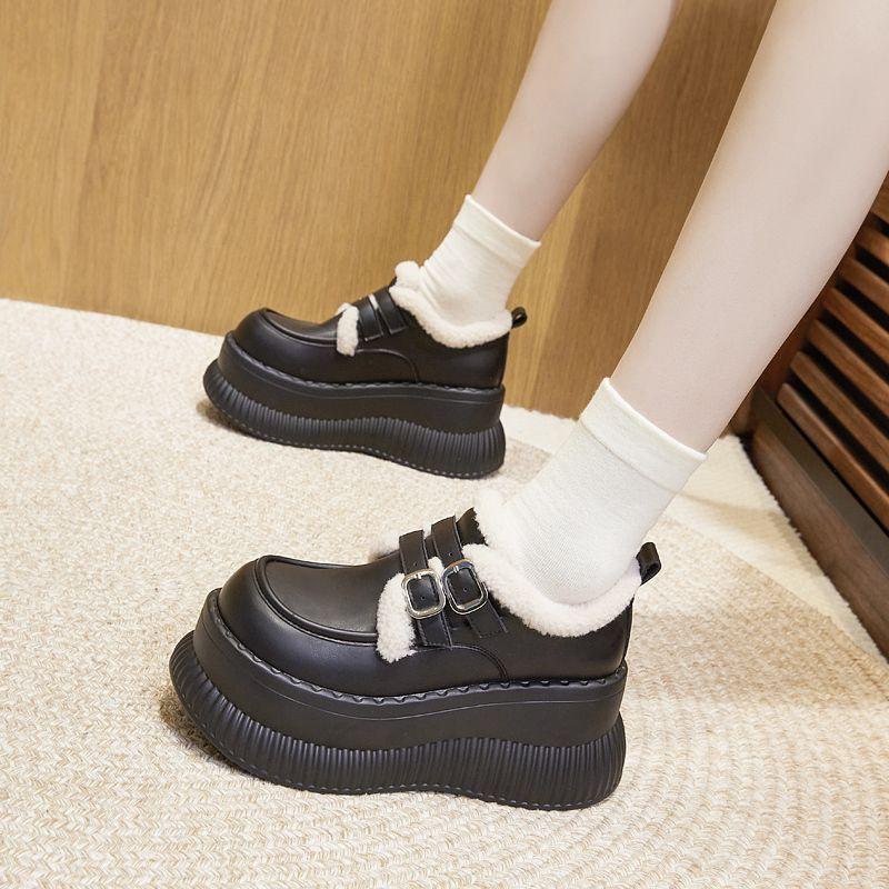 Fleece loafers women's 2025 new autumn and winter warm fluffy shoes versatile height-increasing small leather shoes muffin platform cotton shoes