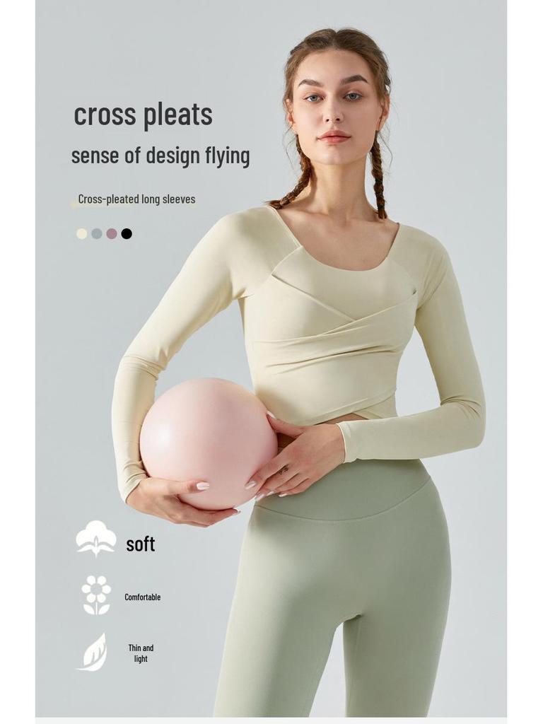 Autumn/Winter Slimming Yoga Top with Built-in Bra and Cross-Pleated Design - Long Sleeve Fitness Wear for Women