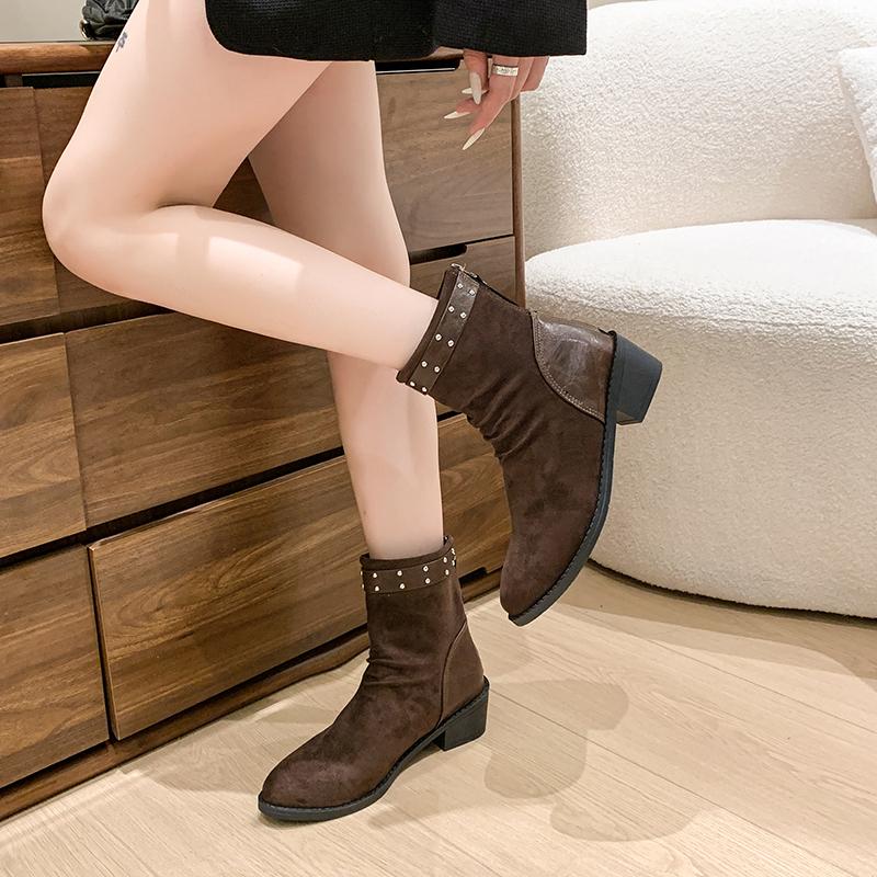 Fashion 2024 Hot Sale Women's Shoes Back Zip Women's Boots Fashion Rivet Modern Boots Women Sexy Pointed Toe Plus Size Mid-Calf Boots