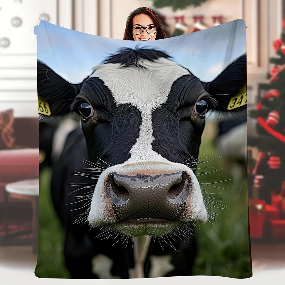 

1pc Soft Single-Sided Printed Blanket 60x80 Inch - Black & White Cow with Large Eyes Retro Design, 100+ Count All-Season Warmth 70x100cm28x39in