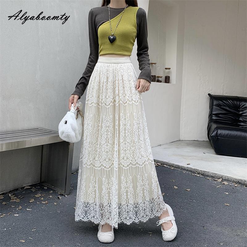 French Style Autumn Winter Women Midi Skirt High Waist Black Beige Brown Hollow Out Skirt Elegant Feminine Ladies' Skirts Womens
