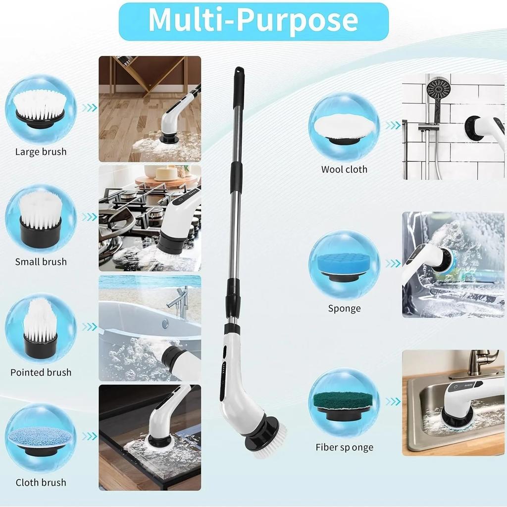 Electric Rechargeable Spin Scrubber with 9 Replaceable Heads Adjustable Extension Rod and Gloves for Cleaning