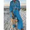 Blue Bottom Sea Wave Fish Suit Women's Loose Shirt Wide Leg Pants Two-piece Set