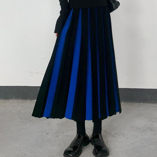 Women Midi Skirt High Waist Patchwork Color Pleated Skirt Autumn