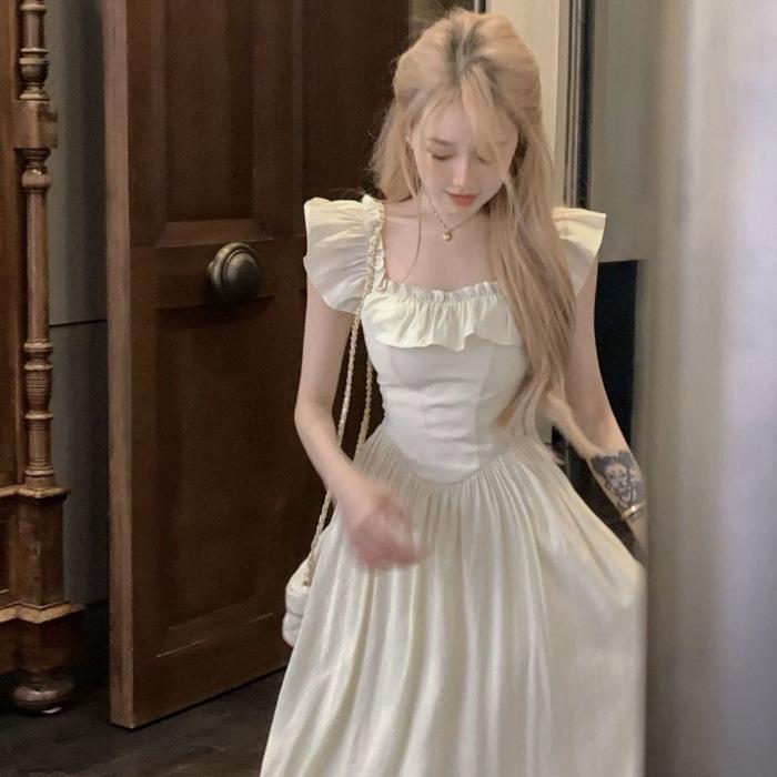 Pink Suspender Dress Women's Summer New Coffee Break Platycodon French Niche Retro Small Flying Sleeve Long Dress Vacation Style