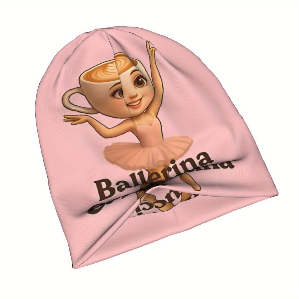 Ballerina Cappuccina Beanie - Unisex Hip Hop Knit Hat With Playful Ballet Dancer & Cup Design, Soft Pink, Stretchy & Comfortable