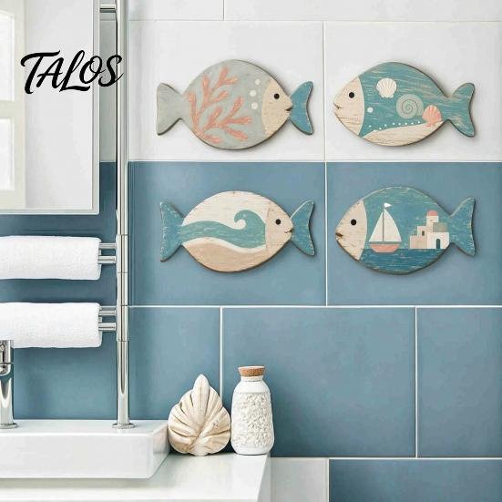 Coastal Wall Art for Living Room 4Pcs Wooden Hanging Fish Art, Bathroom Plaque with Nautical Marine Life Ornaments Theme Bedroom, Rustic Beach