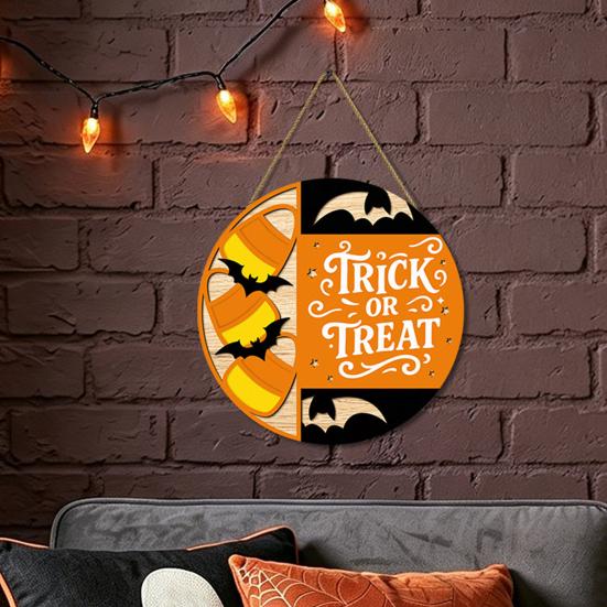 Seasonal Hanging Sign Halloween Trick or Treat Wooden Door Sign, Retro Round Bat Silhouette Atmosphere Prop Plaque for Home Front Wall &