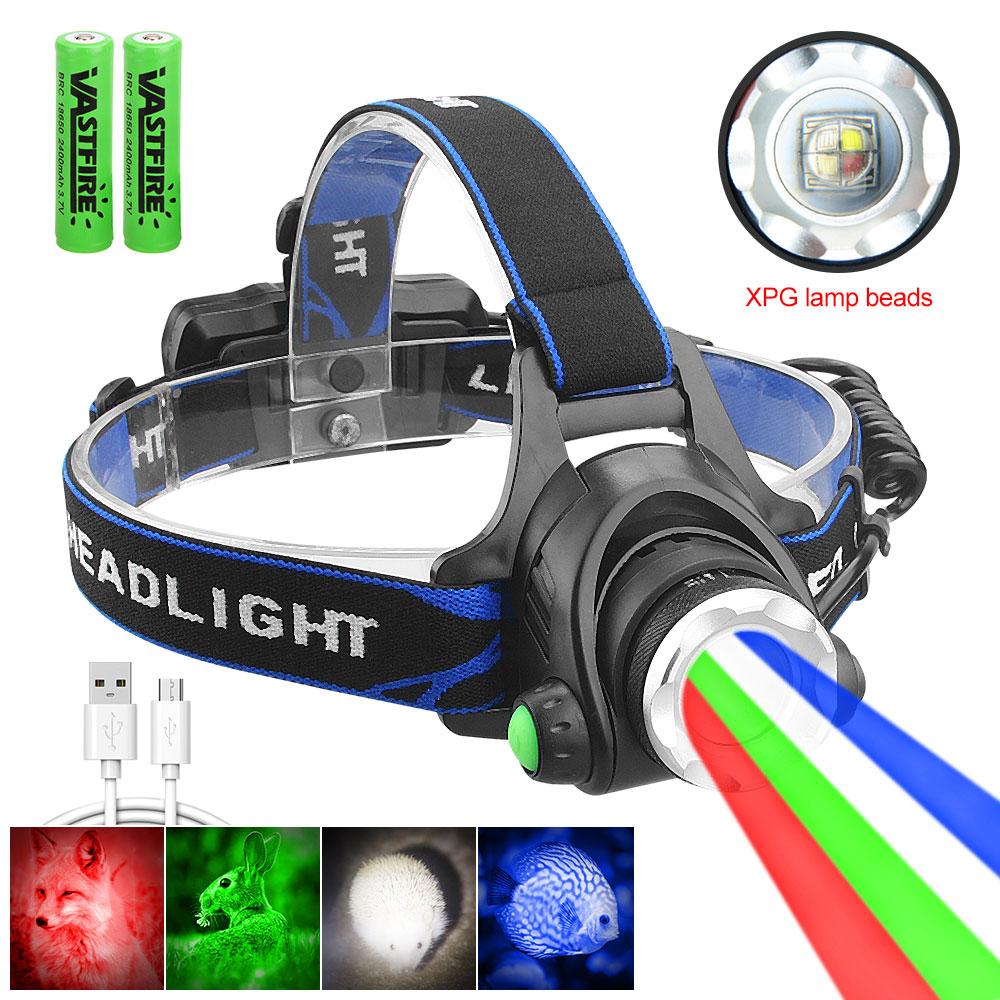 Super Bright LED Headlamp Red/Green/Blue/White Fishing Headlight Portable Flashlight Adjustable ZOOM Outdoor Waterproof Camping